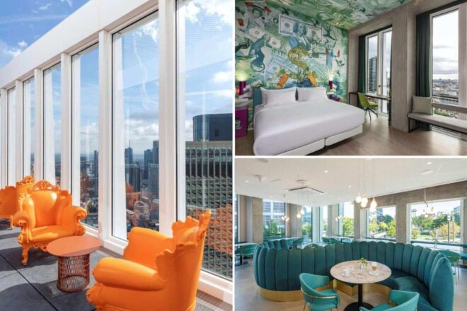 A collage of three hotel photos to stay in Frankfurt: an inviting room with oversized windows and modern decor, a vibrant lounge with eclectic furniture and a striking city backdrop, and a chic cafe area with round booths and a relaxed atmosphere