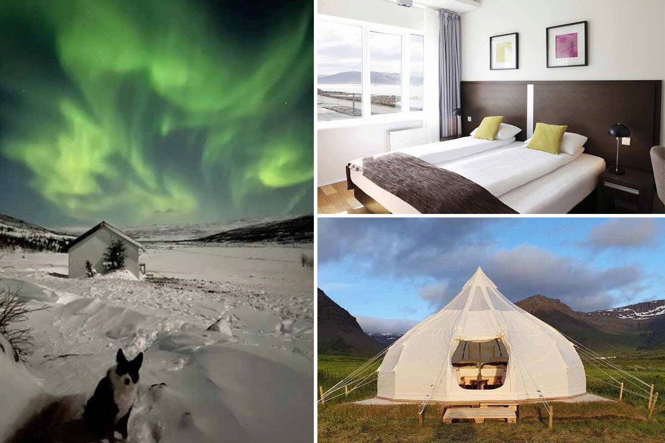 Westfjords hotel collage capturing the aurora borealis over a lone house, a simplistic yet elegant bedroom with ocean views, and a tent accommodation on a wooden platform with scenic mountain backdrop