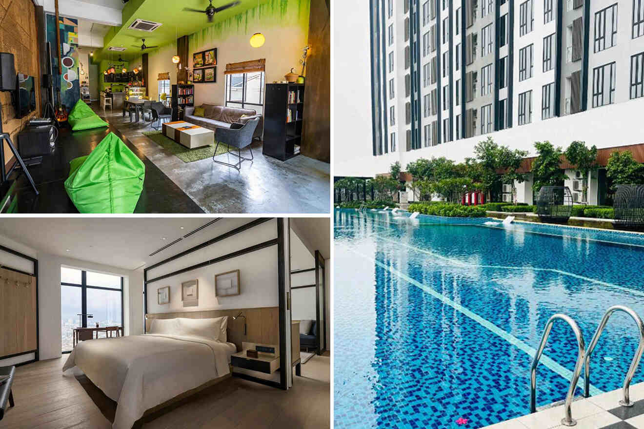 A collage of three hotel photos to stay in  Brickfields: a hip hostel common room with bean bags and a creative wall mural, a contemporary hotel room with floor-to-ceiling windows, and an inviting outdoor swimming pool surrounded by greenery and lounge chairs