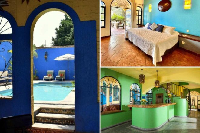 A collage of three hotel photos to stay in Guadalajara: a picturesque view through an archway to a tranquil blue pool, a spacious bedroom with traditional décor, and a vibrant hotel reception area with arched windows and a tiled floor.