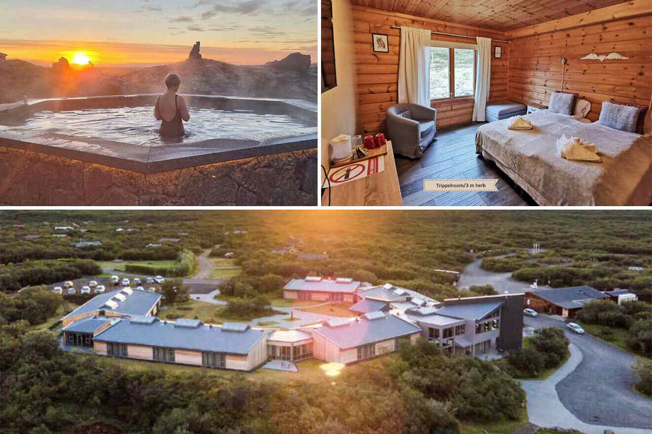 West Coast hotel collage with an outdoor hot tub overlooking a sunset, a rustic wooden interior with comfortable bedding, and an aerial view of the hotel complex surrounded by wild vegetation