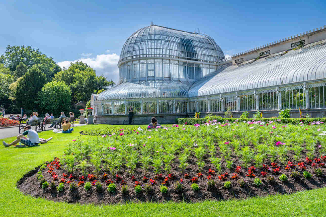 Serene scene at Belfast's Botanic Gardens with visitors enjoying the lush greenery and the prominent Victorian glasshouse structure under a sunny sky