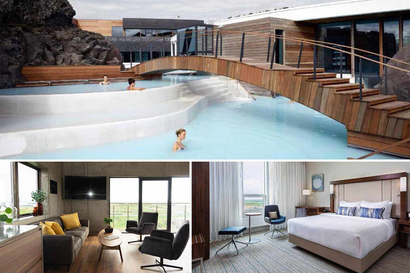 Collage of Reykjanes hotel amenities with a geothermal pool snaking around natural rock formations, a stylish living room overlooking the rugged landscape, and a cozy bedroom with expansive views