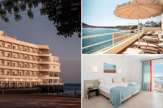 Collage showing a seaside hotel exterior, a sunlit terrace with ocean view and parasol, and a modern hotel room with a large bed and balcony overlooking the water.