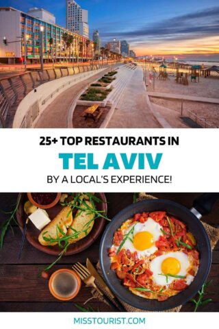 An eye-catching promotional image for '25+ Top Restaurants in Tel Aviv by a Local's Experience!' showcasing a coastal cityscape at dusk