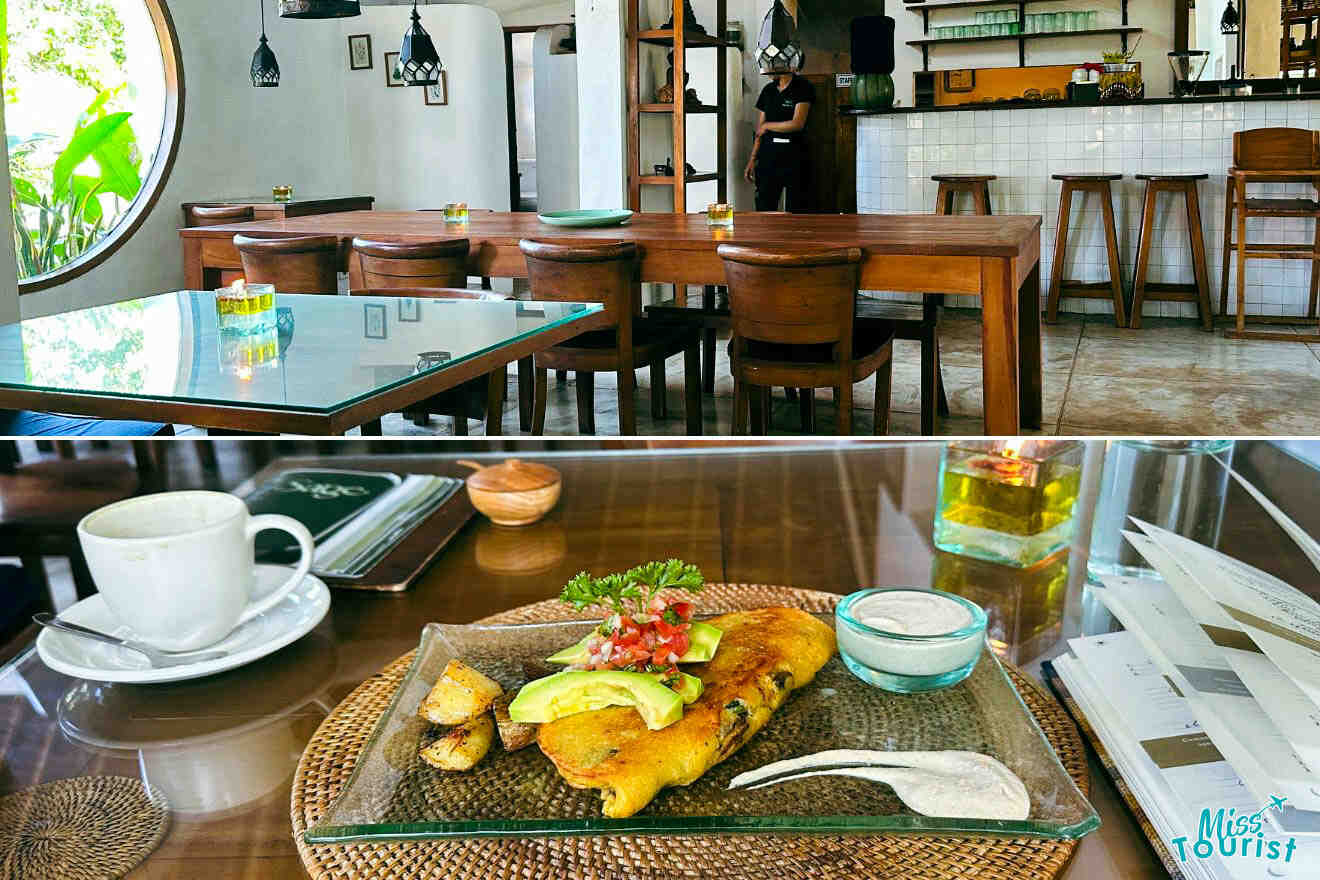 A collage of two photos: Cozy Ubud café interior with wooden tables and chairs and a barista behind the counter and an omelette on the table