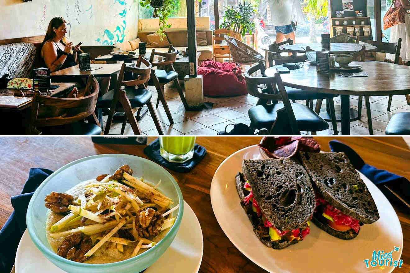 Interior of a relaxed Ubud eatery with scattered chairs and cushions, and a view of a sandwich and fries on a table.