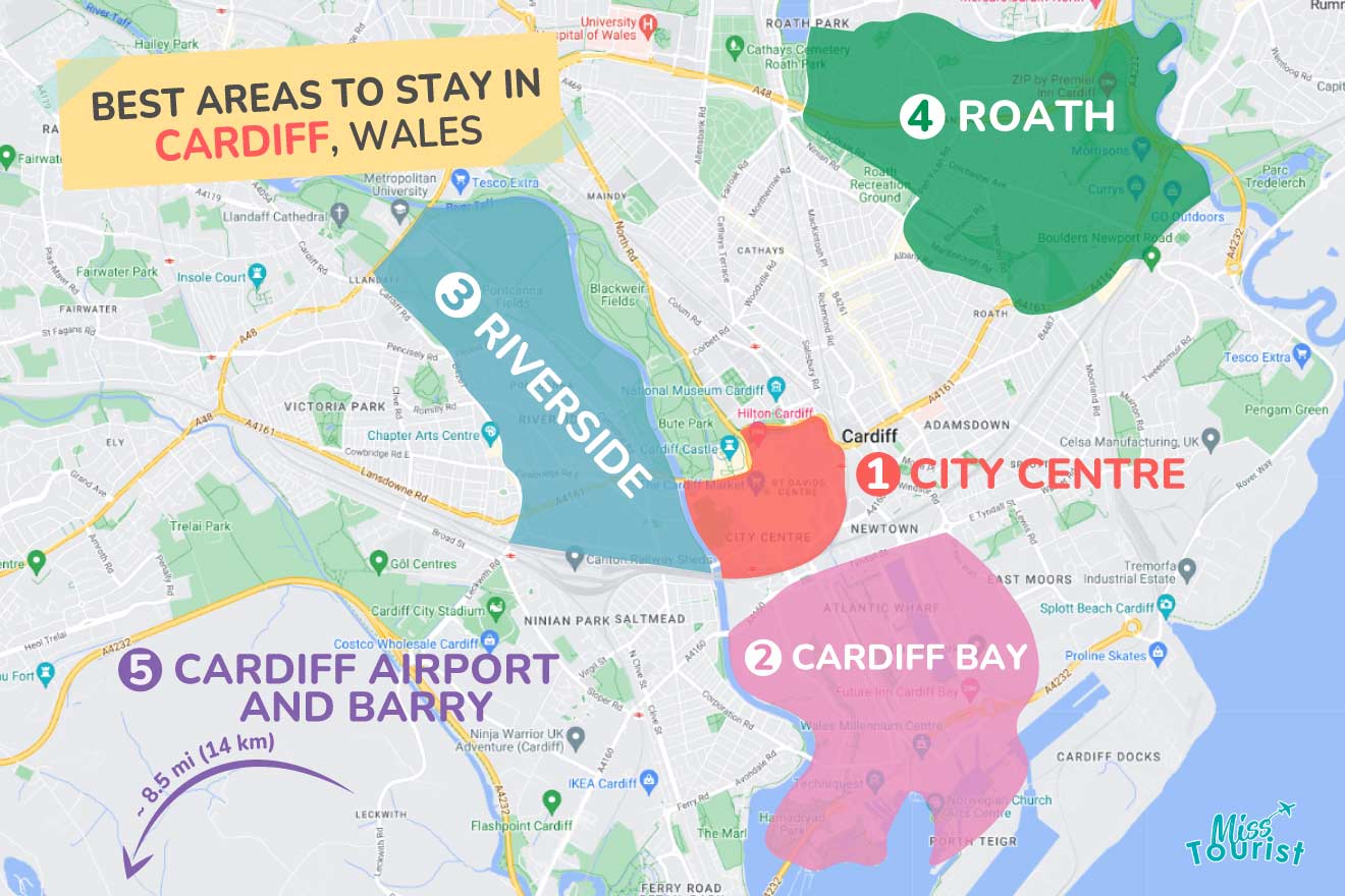 A colorful map highlighting the best areas to stay in Cardiff, with numbered locations and labels for easy navigation