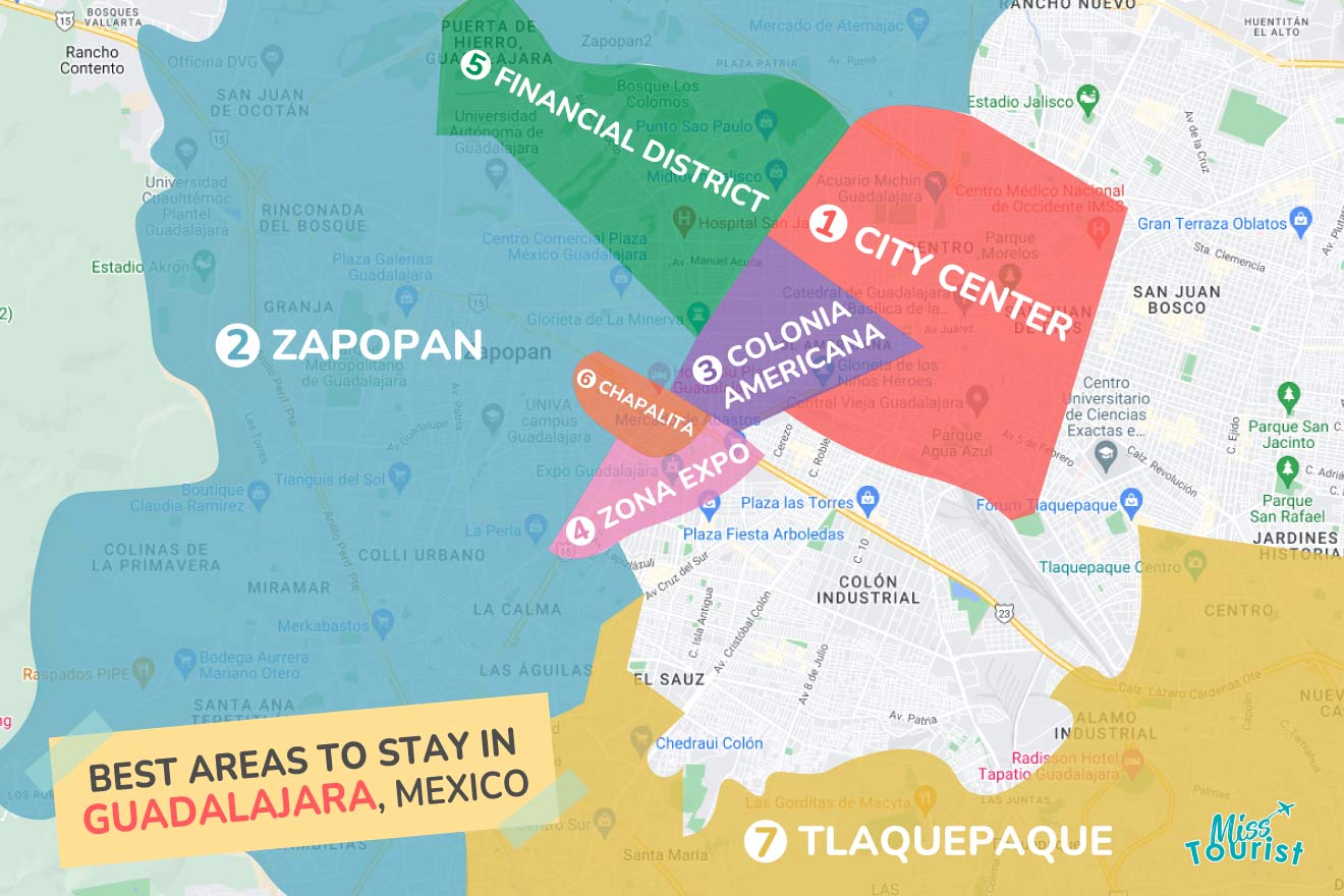 A colorful map highlighting the best areas to stay in Guadalajara, with numbered locations and labels for easy navigation