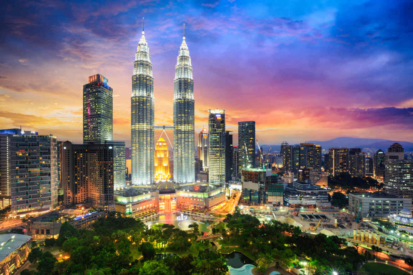 Kuala Lumpur cityscape at sunset in Malaysia, showcasing the vibrant skyline and the beauty of the city as the sun sets.