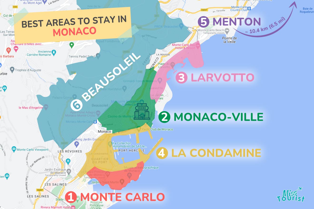 A colorful map highlighting the best areas to stay in Monaco, with numbered locations and labels for easy navigation