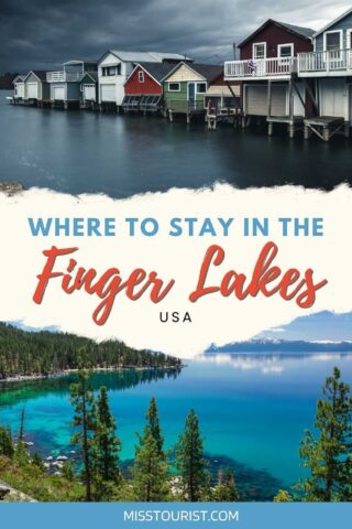 Travel guide cover image with 'Where to Stay in the Finger Lakes, USA' overlaid on a dramatic photo of colorful boathouses along a tranquil lake with dark, stormy skies above