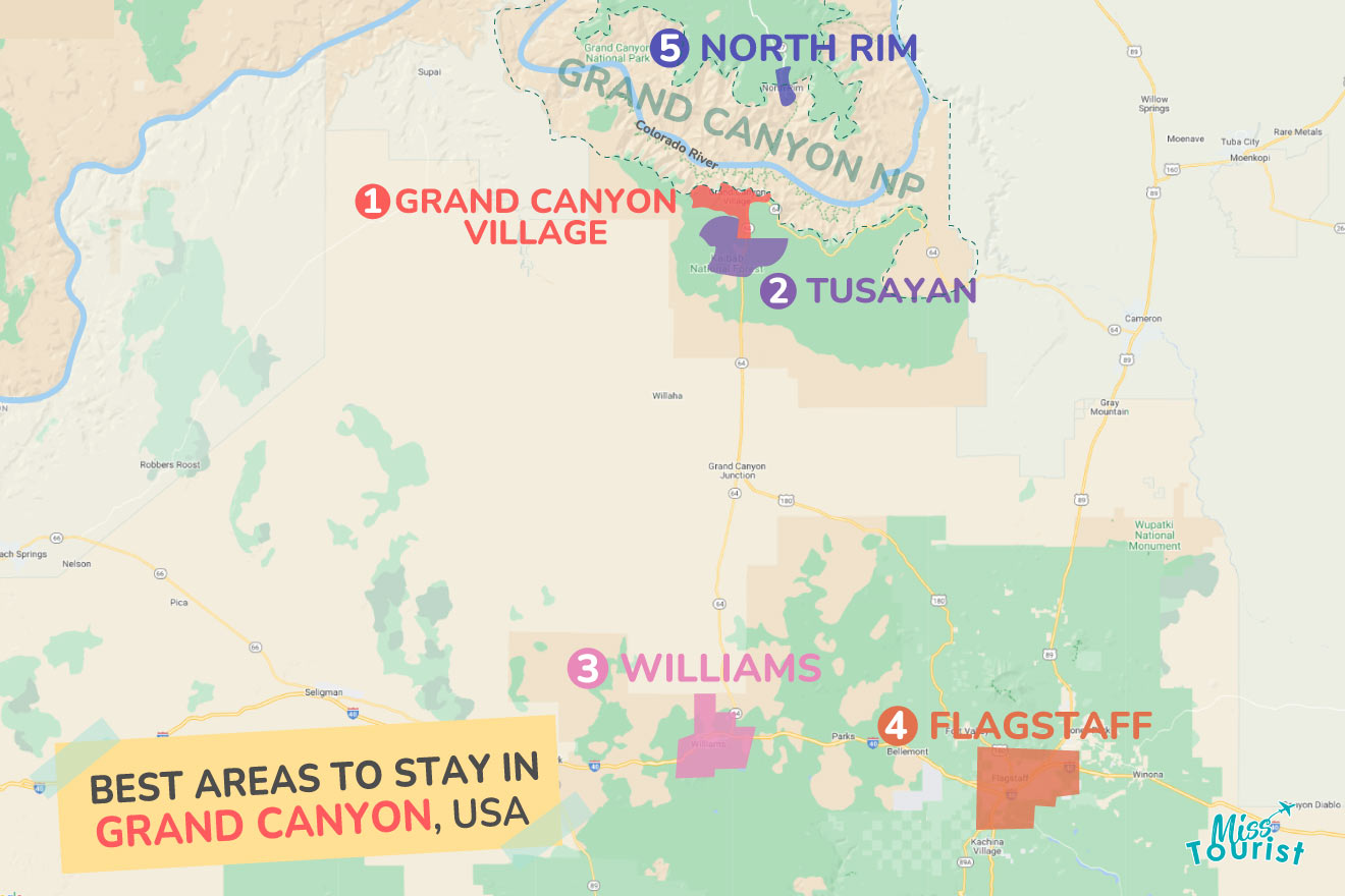 A colorful map highlighting the best areas to stay in Grand-Canyon, with numbered locations and labels for easy navigation