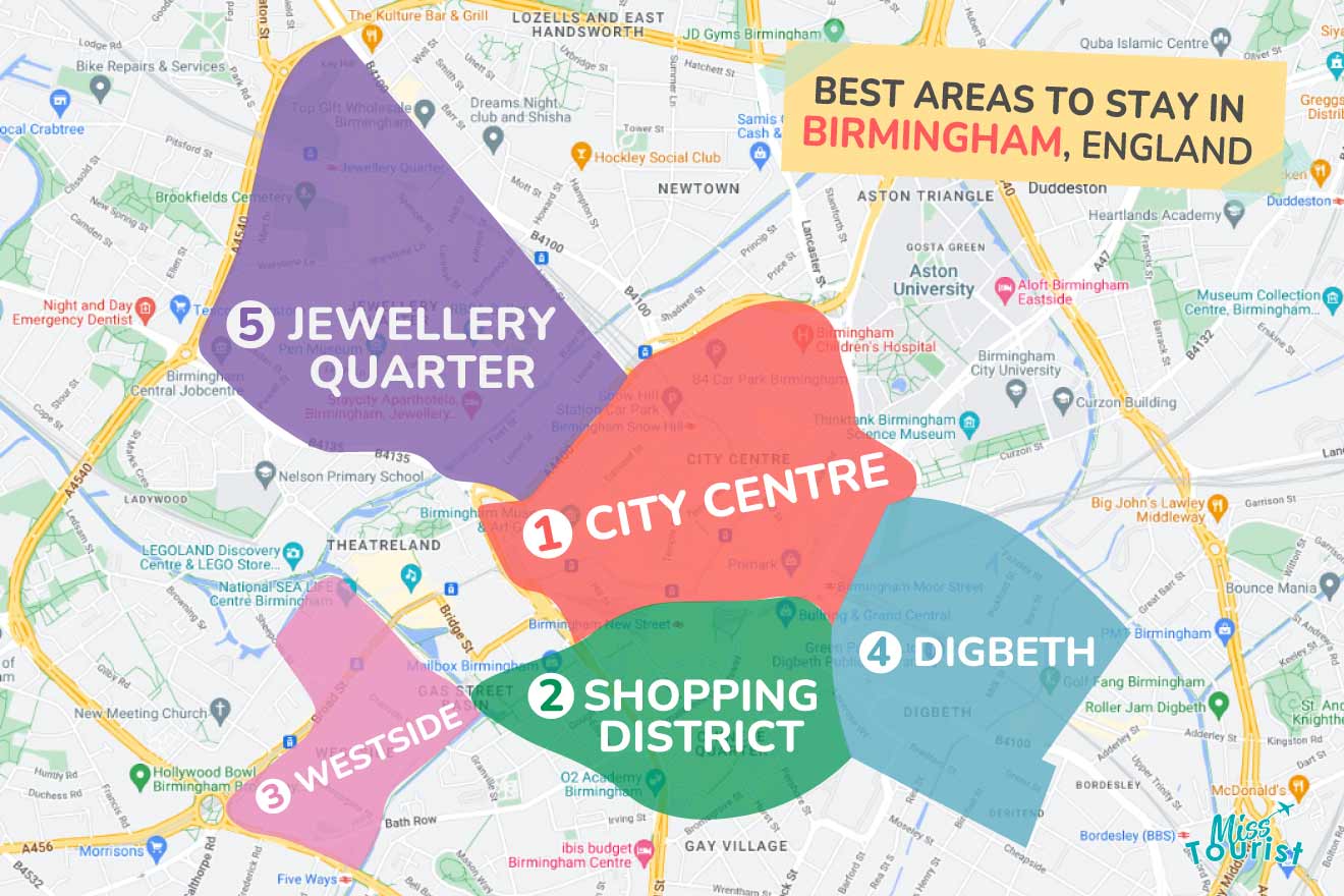 A colorful map highlighting the best areas to stay in Birmingham, with numbered locations and labels for easy navigation
