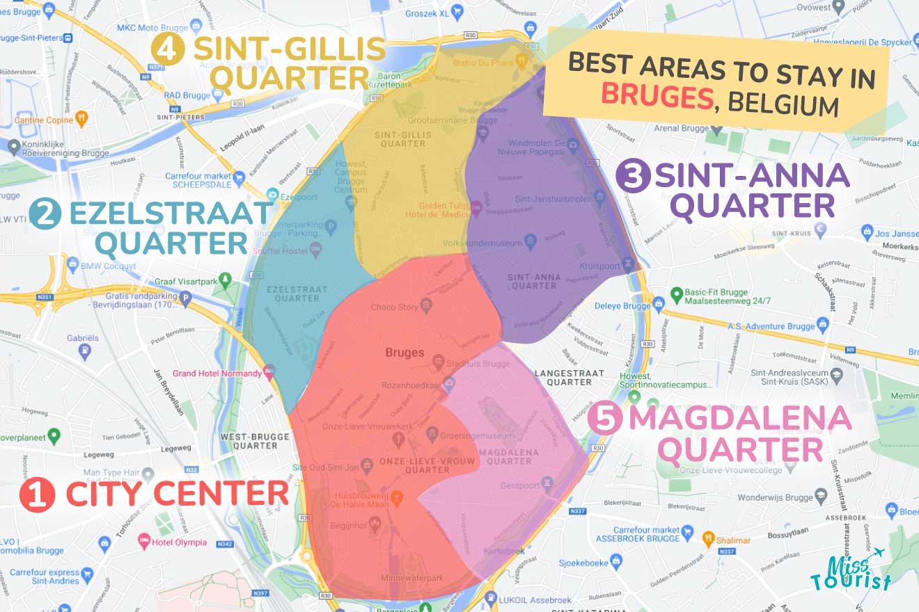 A colorful map highlighting the best areas to stay in Bruges with numbered locations and labels for easy navigation