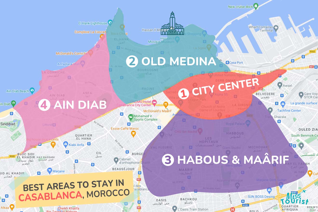A colorful map highlighting the best areas to stay in Casablanca, with numbered locations and labels for easy navigation