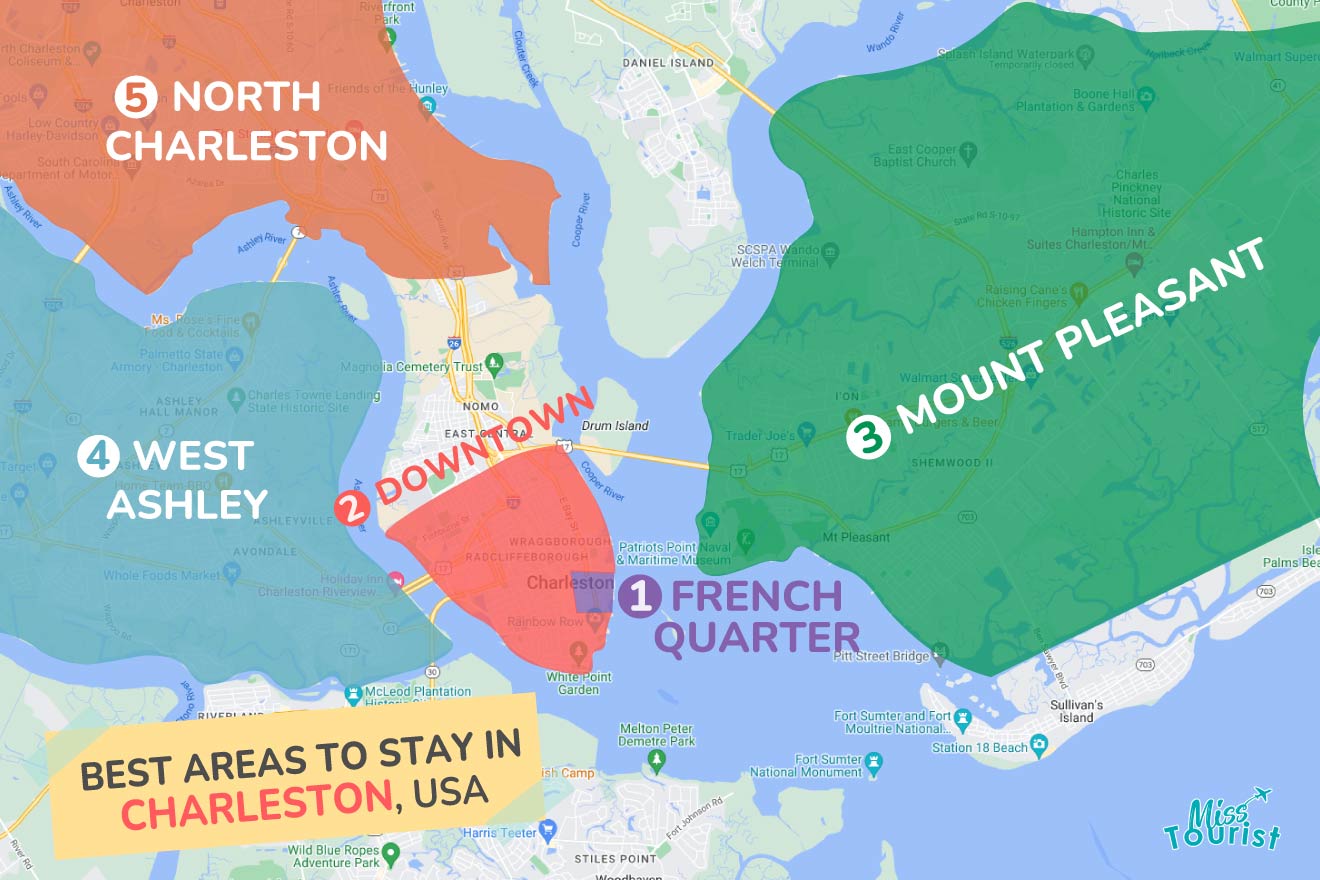 A colorful map highlighting the best areas to stay in Charleston, with numbered locations and labels for easy navigation