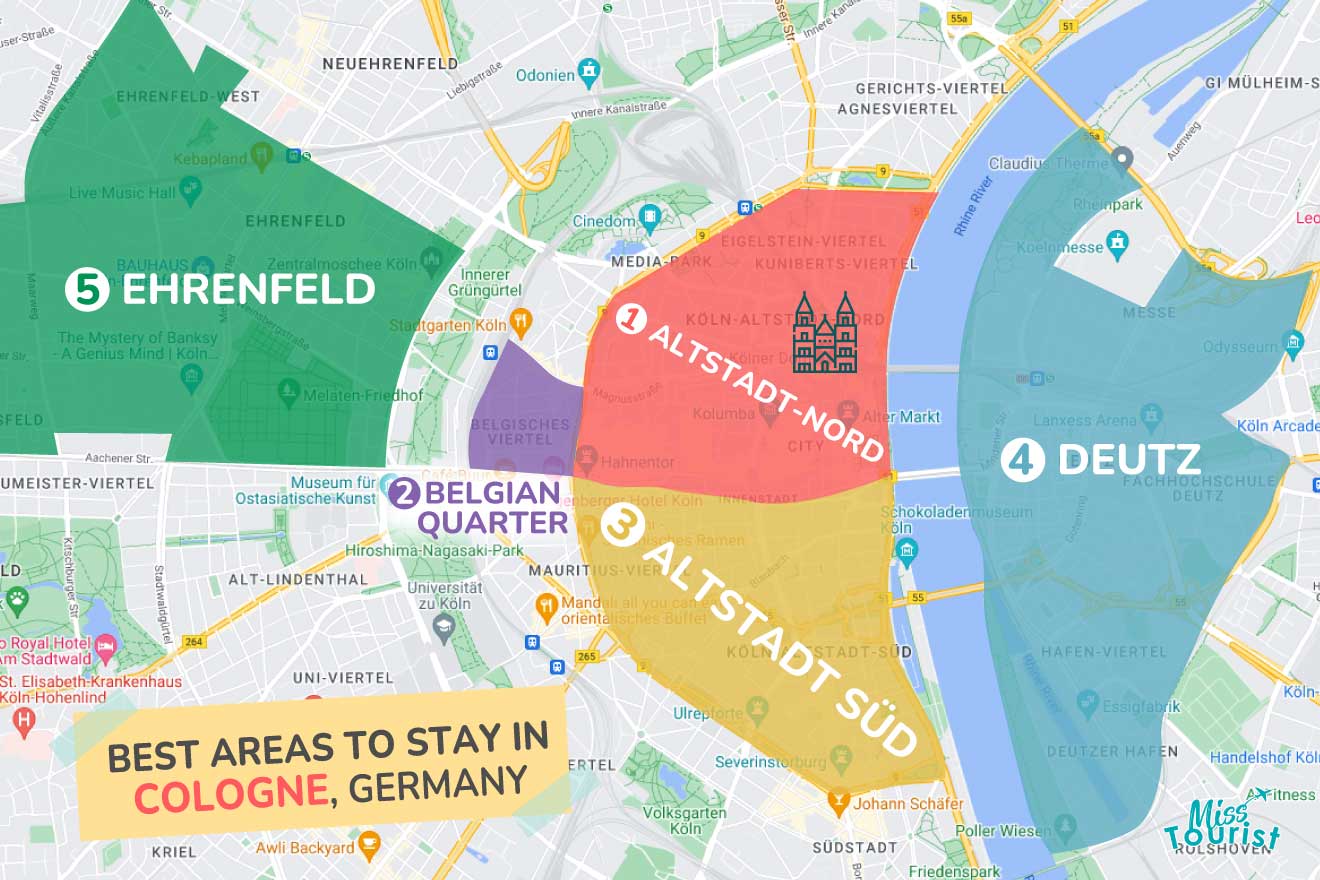 A colorful map highlighting the best areas to stay in Cologne, with numbered locations and labels for easy navigation