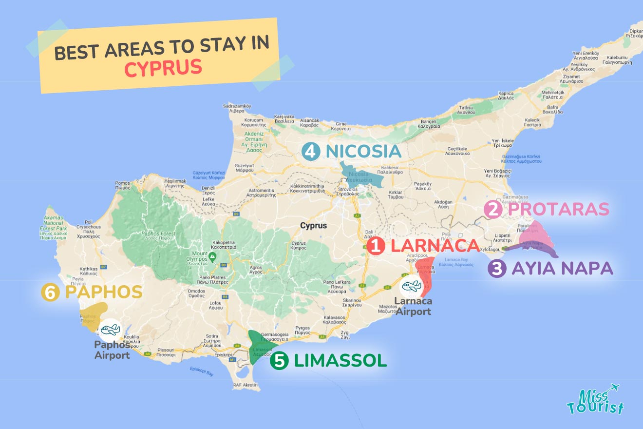 A colorful map highlighting the best areas to stay in Cyprus with numbered locations and labels for easy navigation