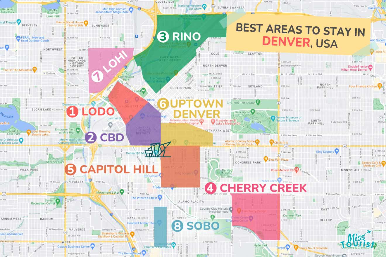 A colorful map highlighting the best areas to stay in Denver with numbered locations and labels for easy navigation