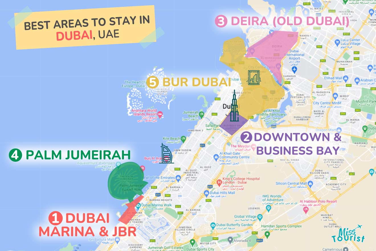 A colorful map highlighting the best areas to stay in Dubai with numbered locations and labels for easy navigation