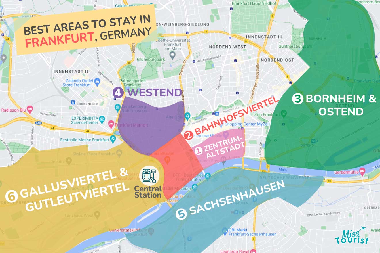 A colorful map highlighting the best areas to stay in Frankfurt, with numbered locations and labels for easy navigation