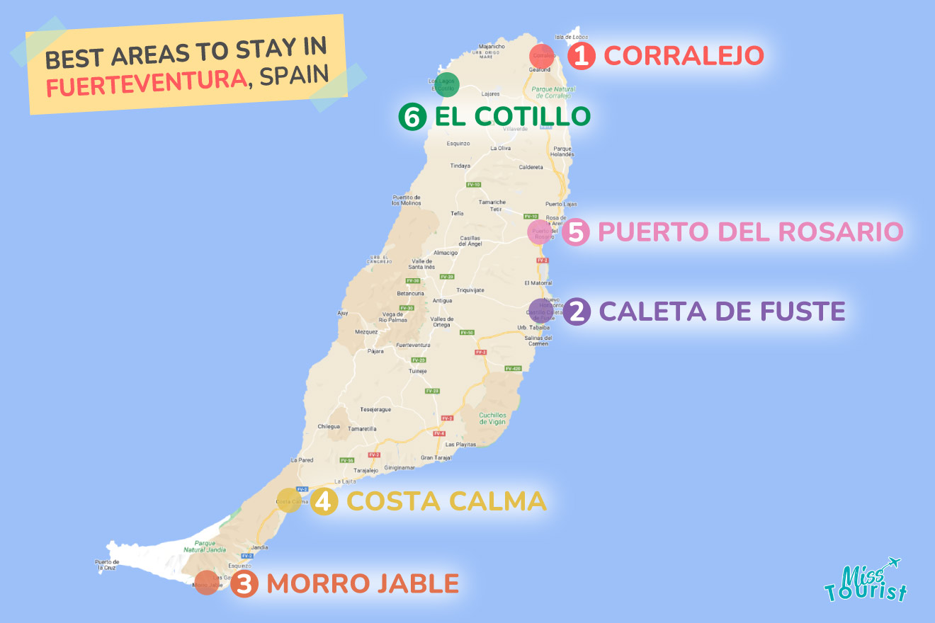 A colorful map highlighting the best areas to stay in Fuerteventura with numbered locations and labels for easy navigation
