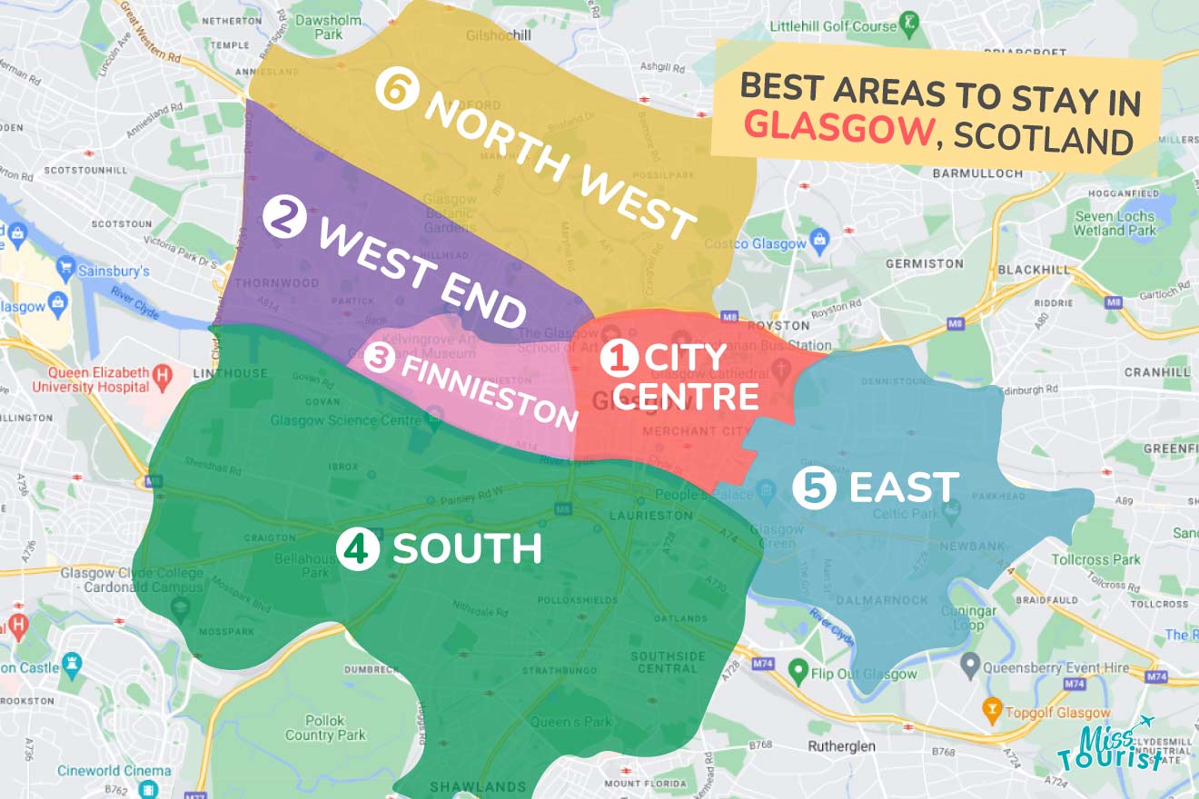 A colorful map highlighting the best areas to stay in Glasgow with numbered locations and labels for easy navigation