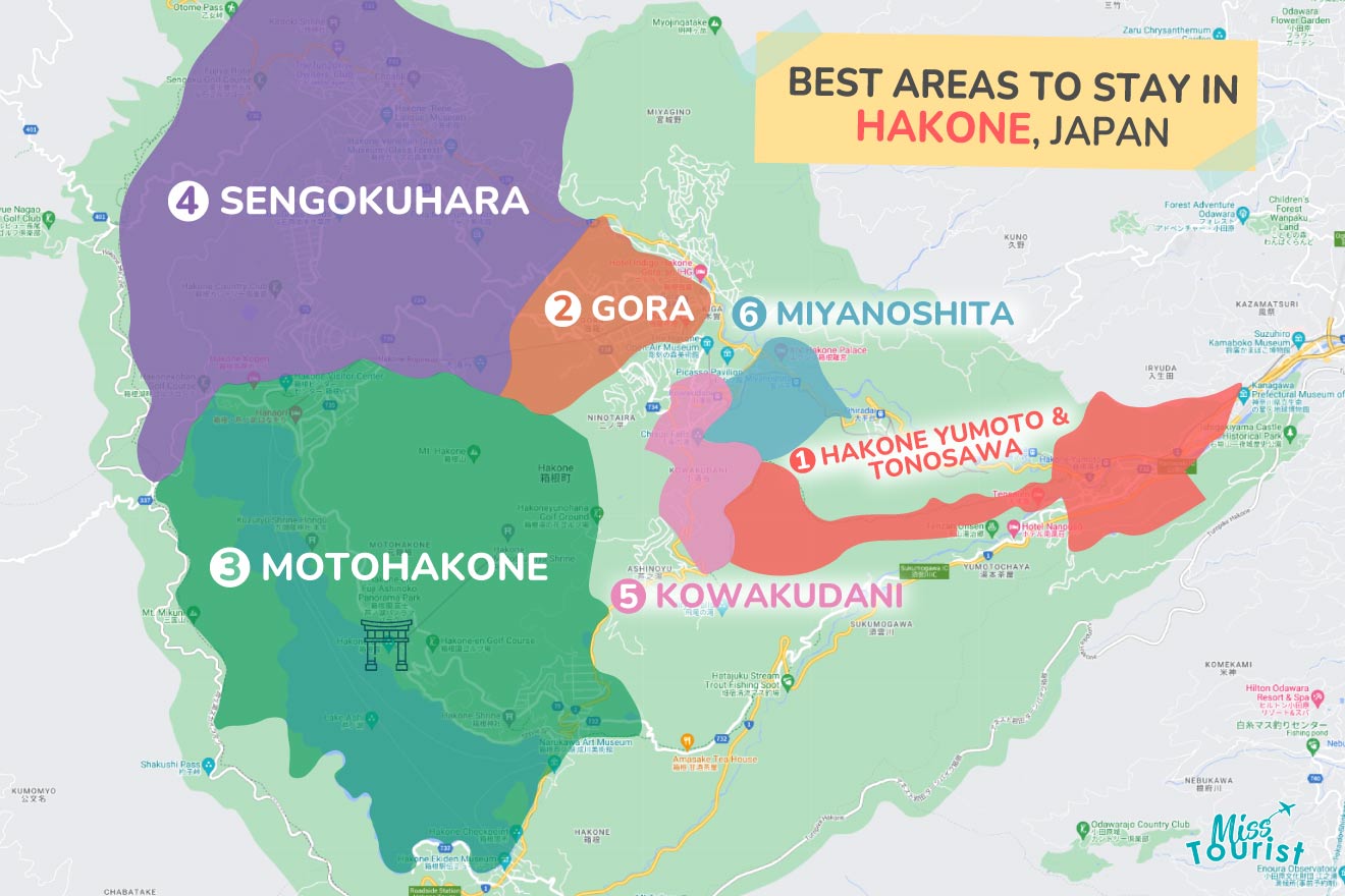 A colorful map highlighting the best areas to stay in Hakone, with numbered locations and labels for easy navigation