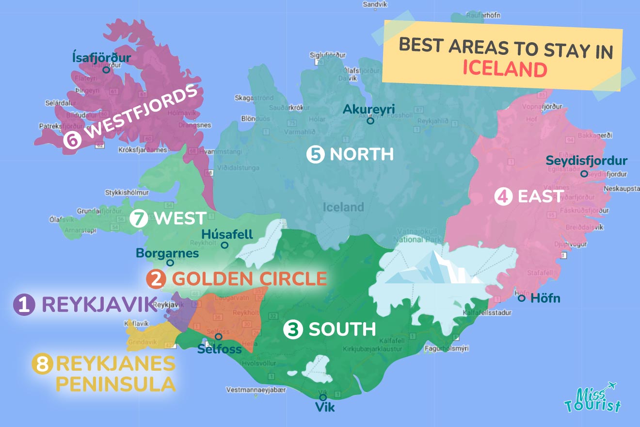 A colorful map highlighting the best areas to stay in Iceland, with numbered locations and labels for easy navigation