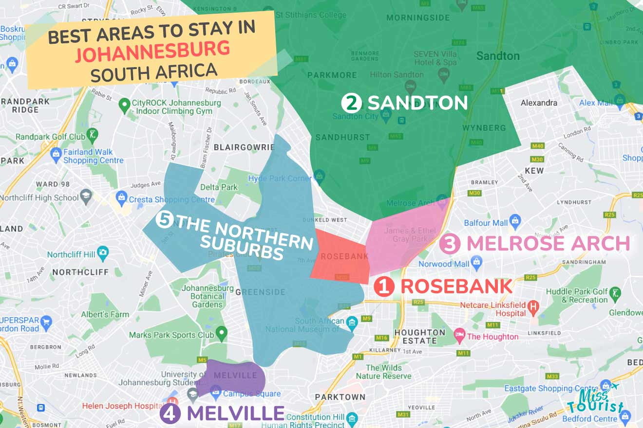 A colorful map highlighting the best areas to stay in Johannesburg, with numbered locations and labels for easy navigation