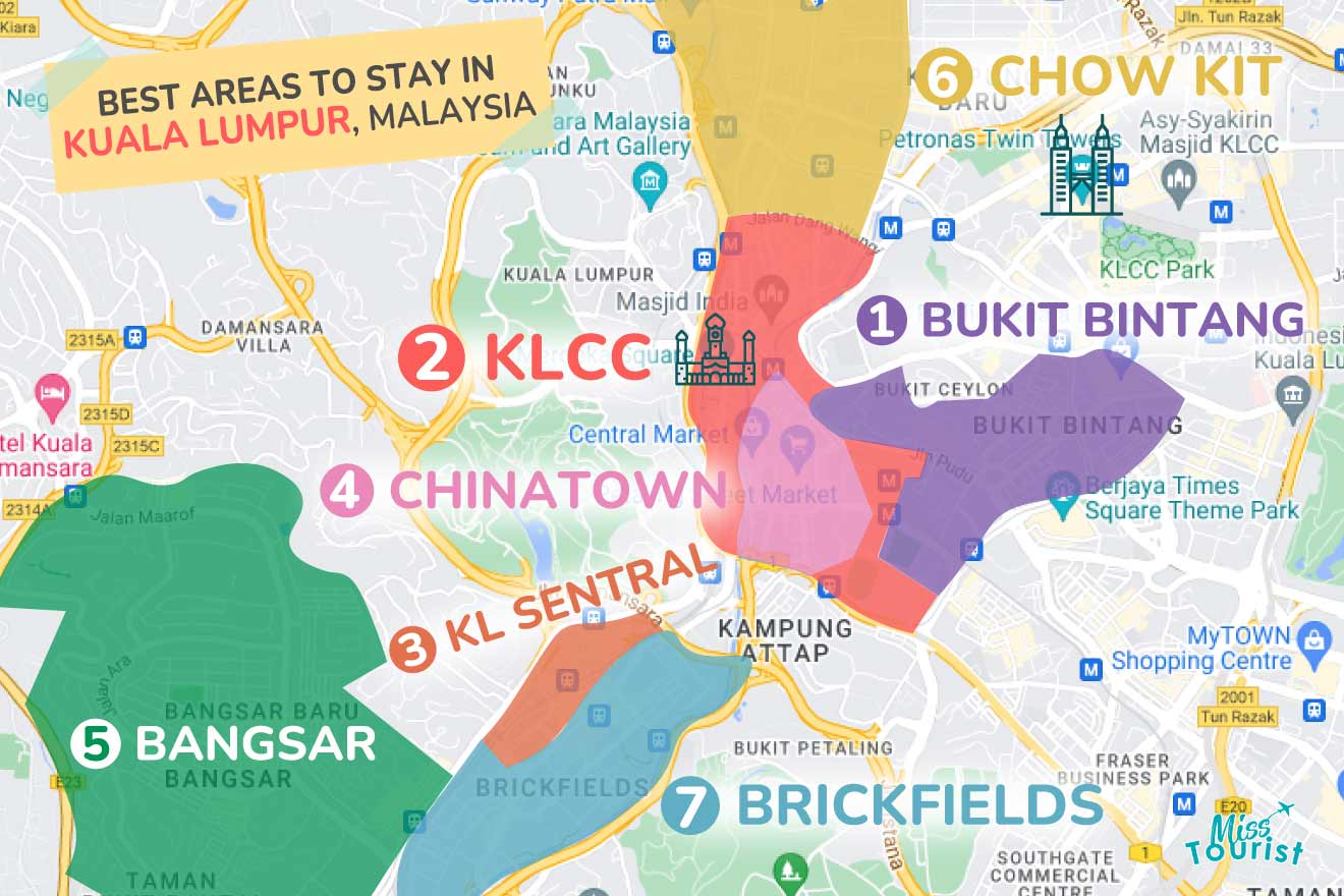 A colorful map highlighting the best areas to stay in Kuala-Lumpur with numbered locations and labels for easy navigation