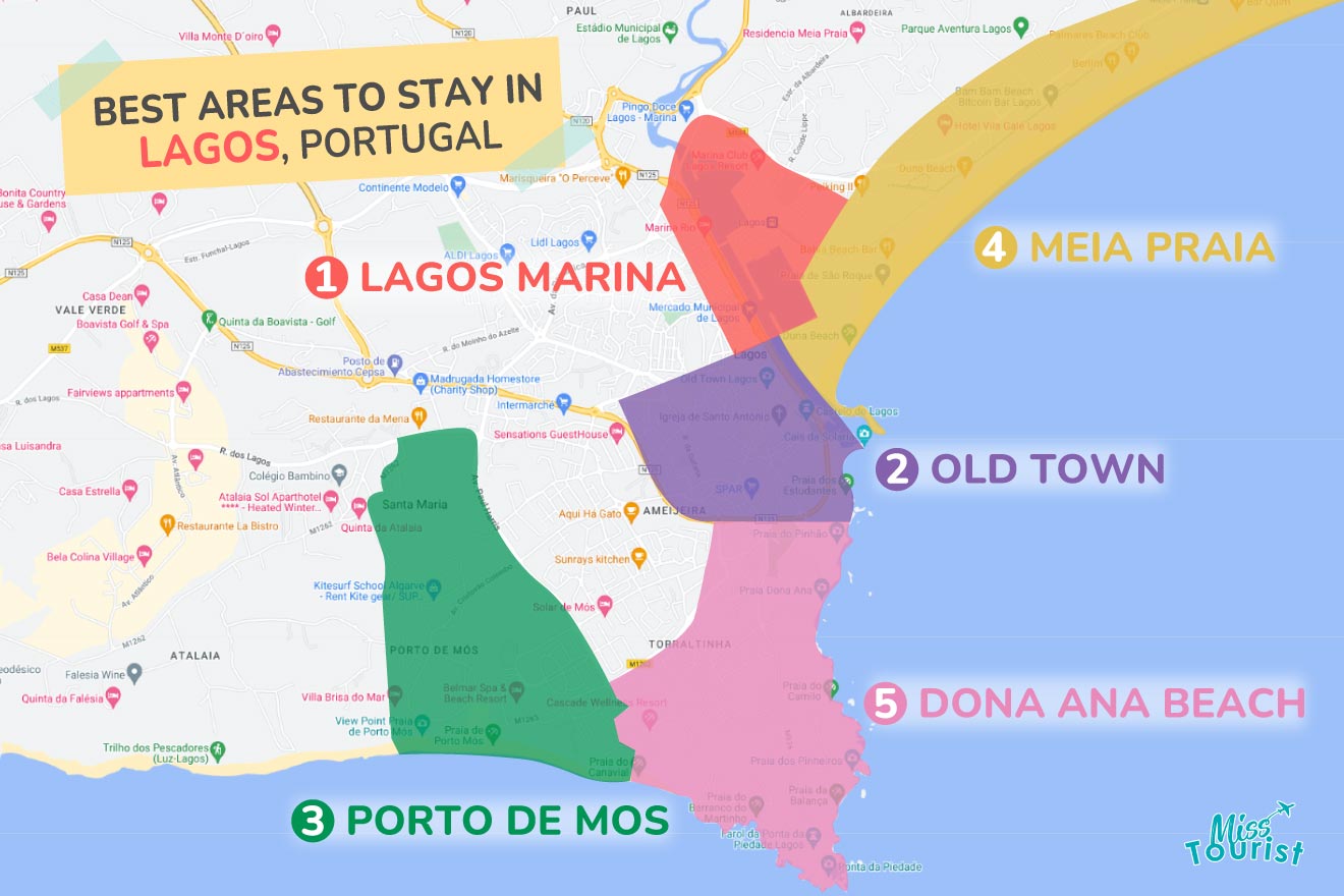 A colorful map highlighting the best areas to stay in Lagos Portugal, with numbered locations and labels for easy navigation