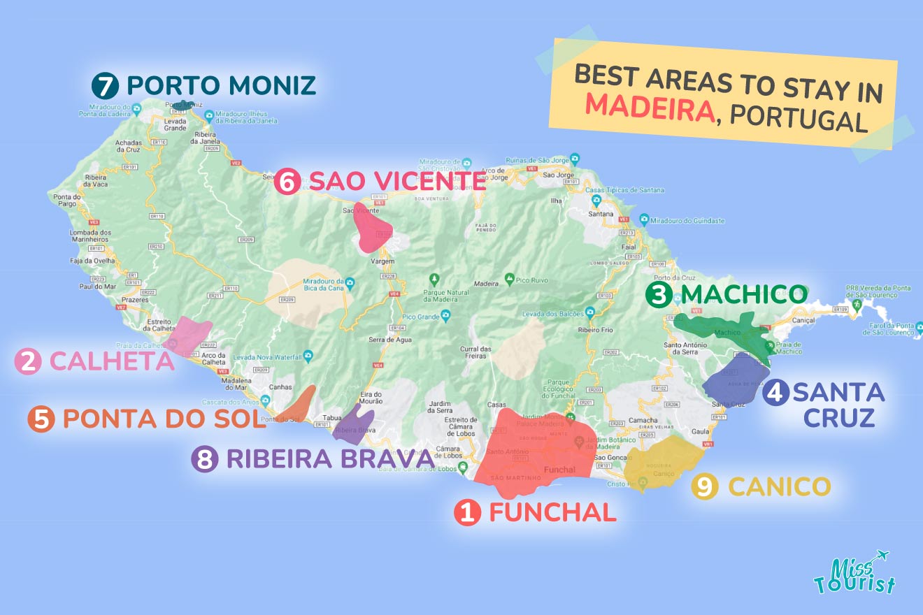 A colorful map highlighting the best areas to stay in Madeira with numbered locations and labels for easy navigation