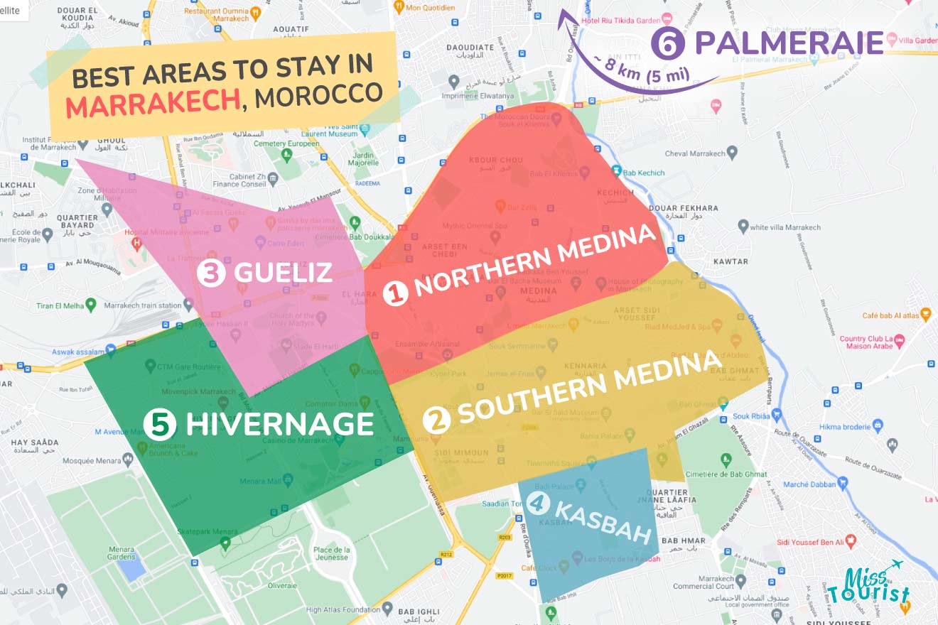 A colorful map highlighting the best areas to stay in Marrakech, with numbered locations and labels for easy navigation