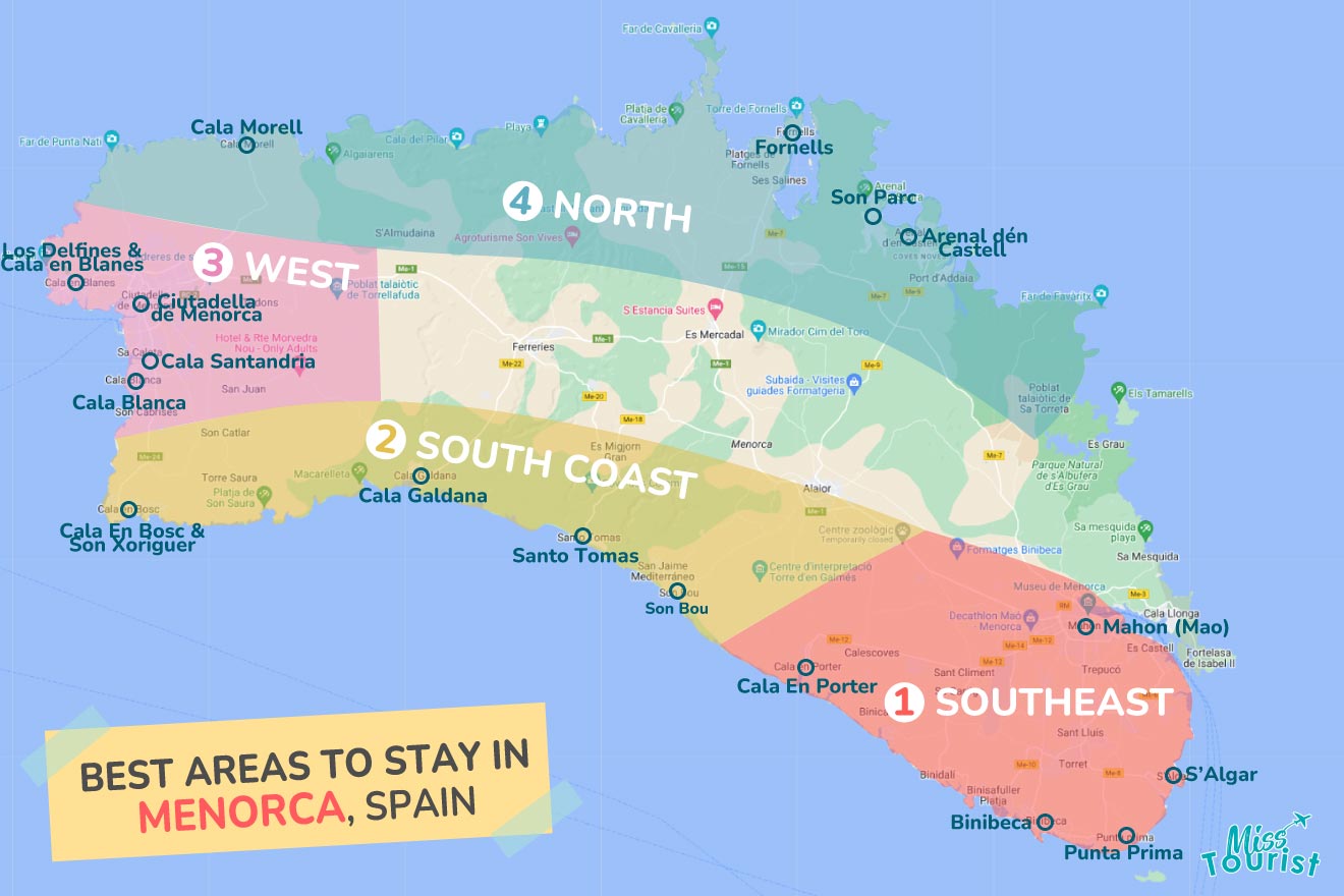 A colorful map highlighting the best areas to stay in Menorca with numbered locations and labels for easy navigation