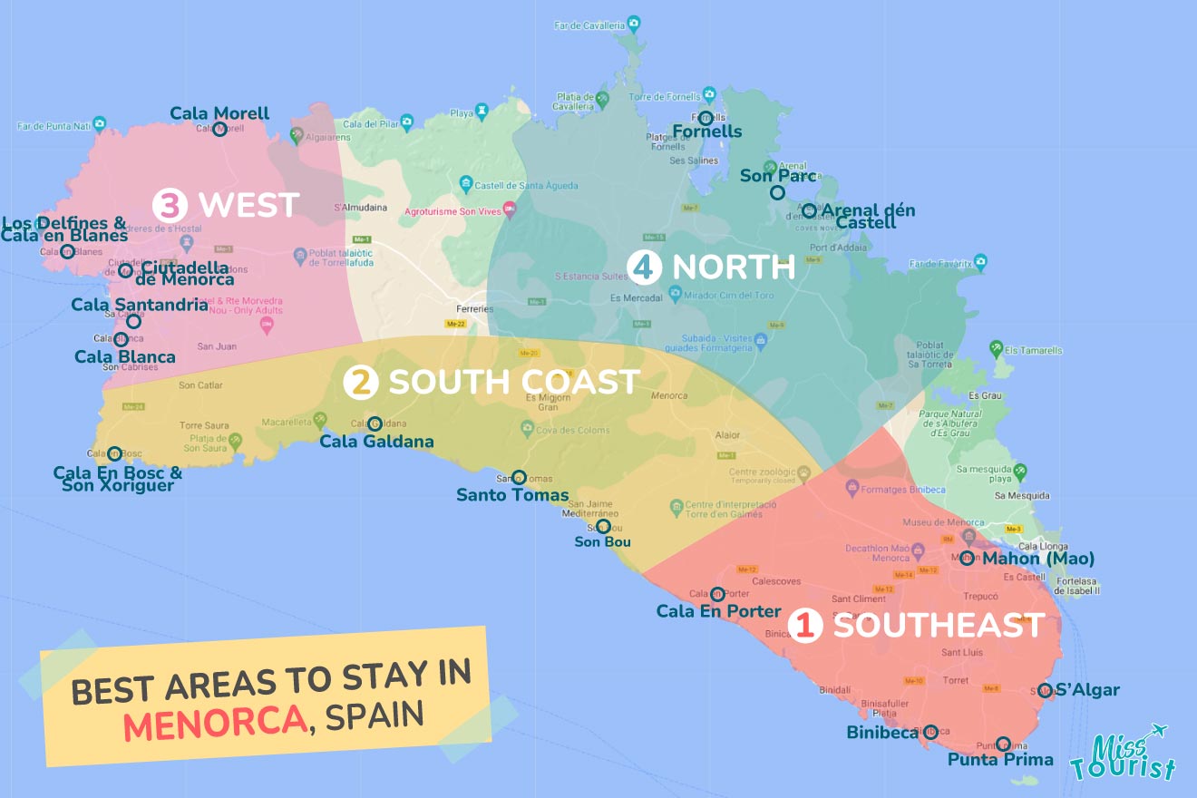 A colorful map highlighting the best areas to stay in Menorca with numbered locations and labels for easy navigation