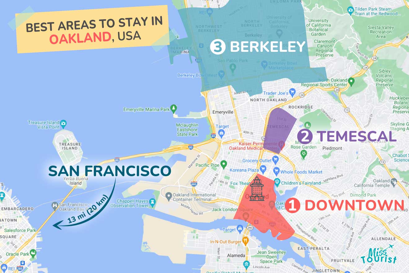 A colorful map highlighting the best areas to stay in Oakland with numbered locations and labels for easy navigation