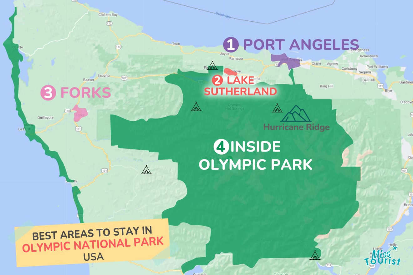 A colorful map highlighting the best areas to stay in Olympic National Park, with numbered locations and labels for easy navigation
