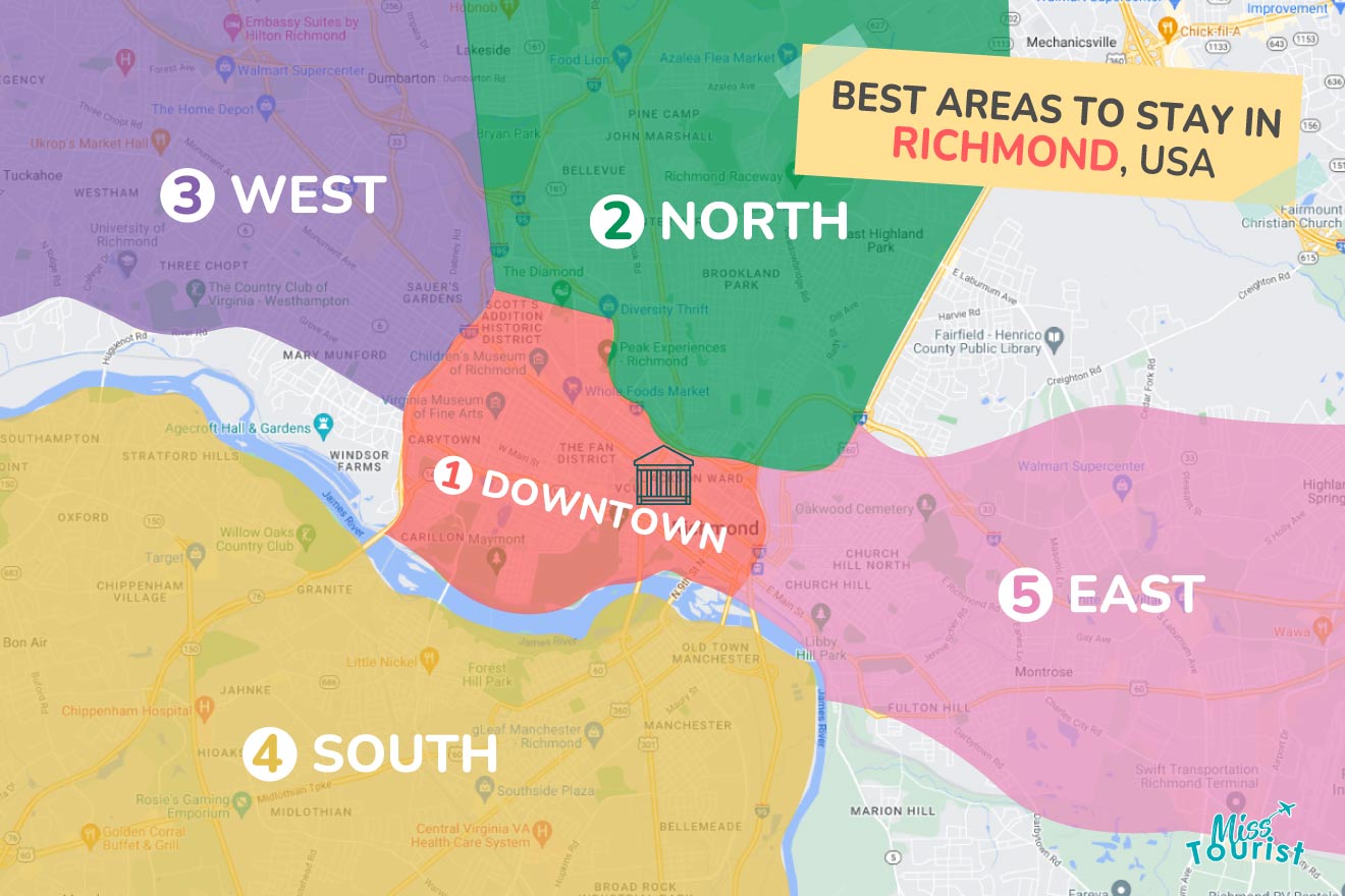 A colorful map highlighting the best areas to stay in Richmond, with numbered locations and labels for easy navigation