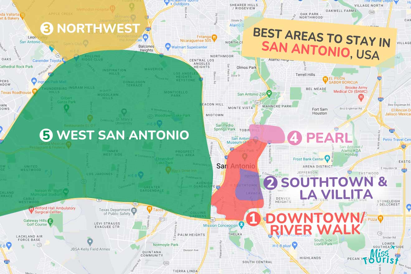 A colorful map highlighting the best areas to stay in San-Antonio, with numbered locations and labels for easy navigation