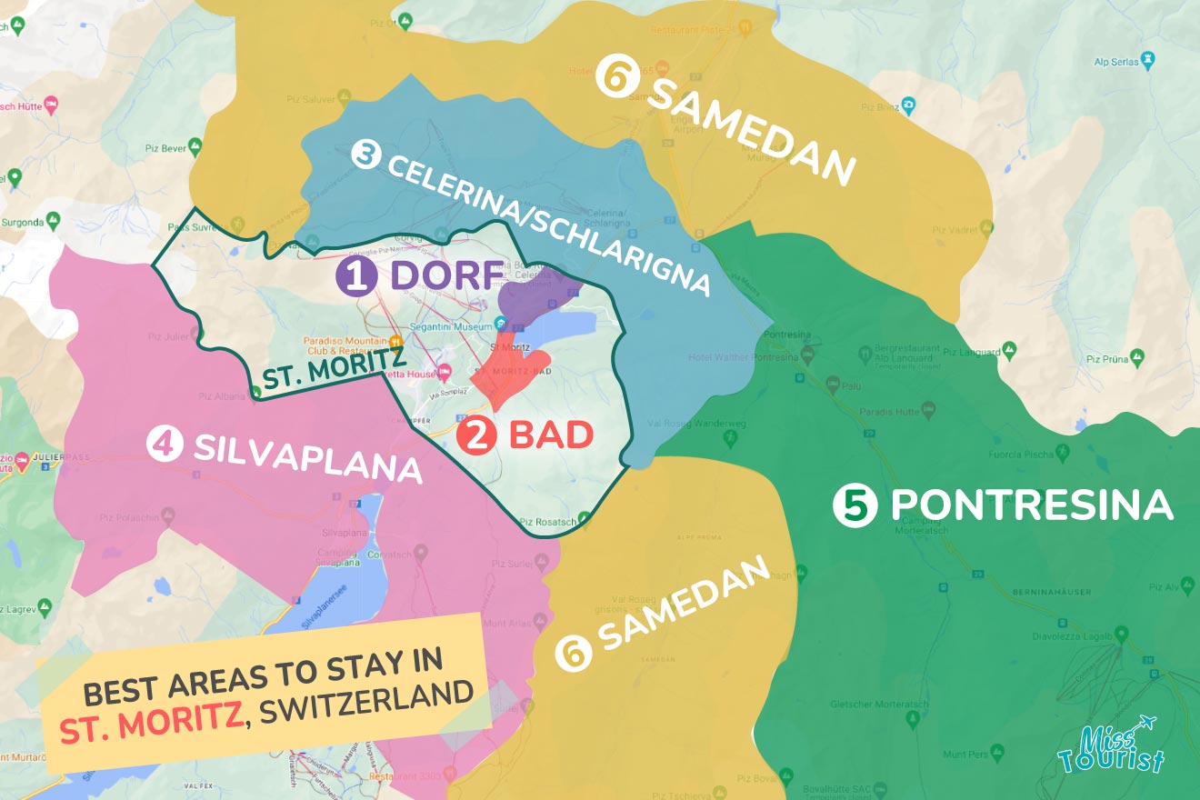 A colorful map highlighting the best areas to stay in St. Moritz with numbered locations and labels for easy navigation