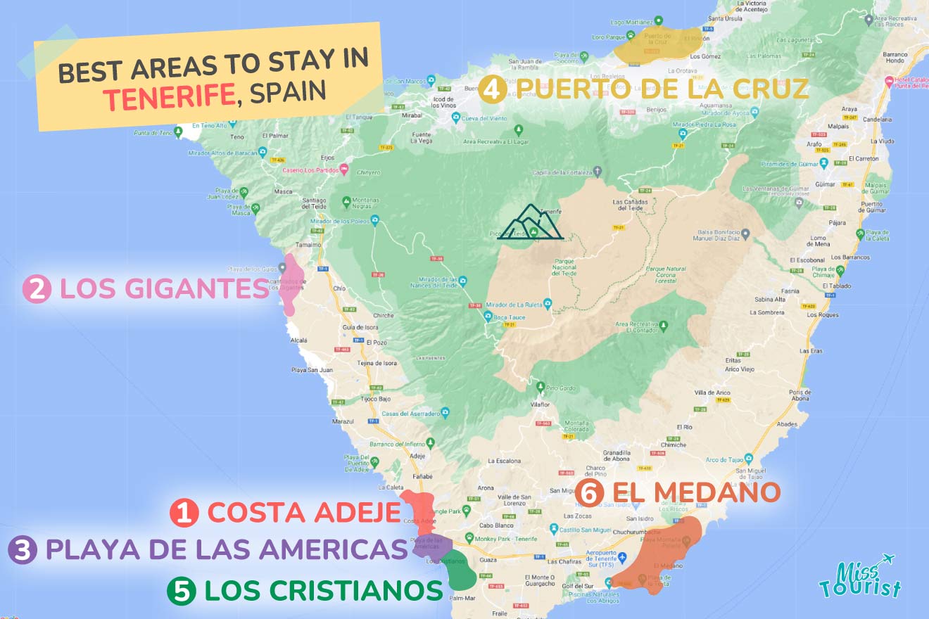 A colorful map highlighting the best areas to stay in Tenerife with numbered locations and labels for easy navigation