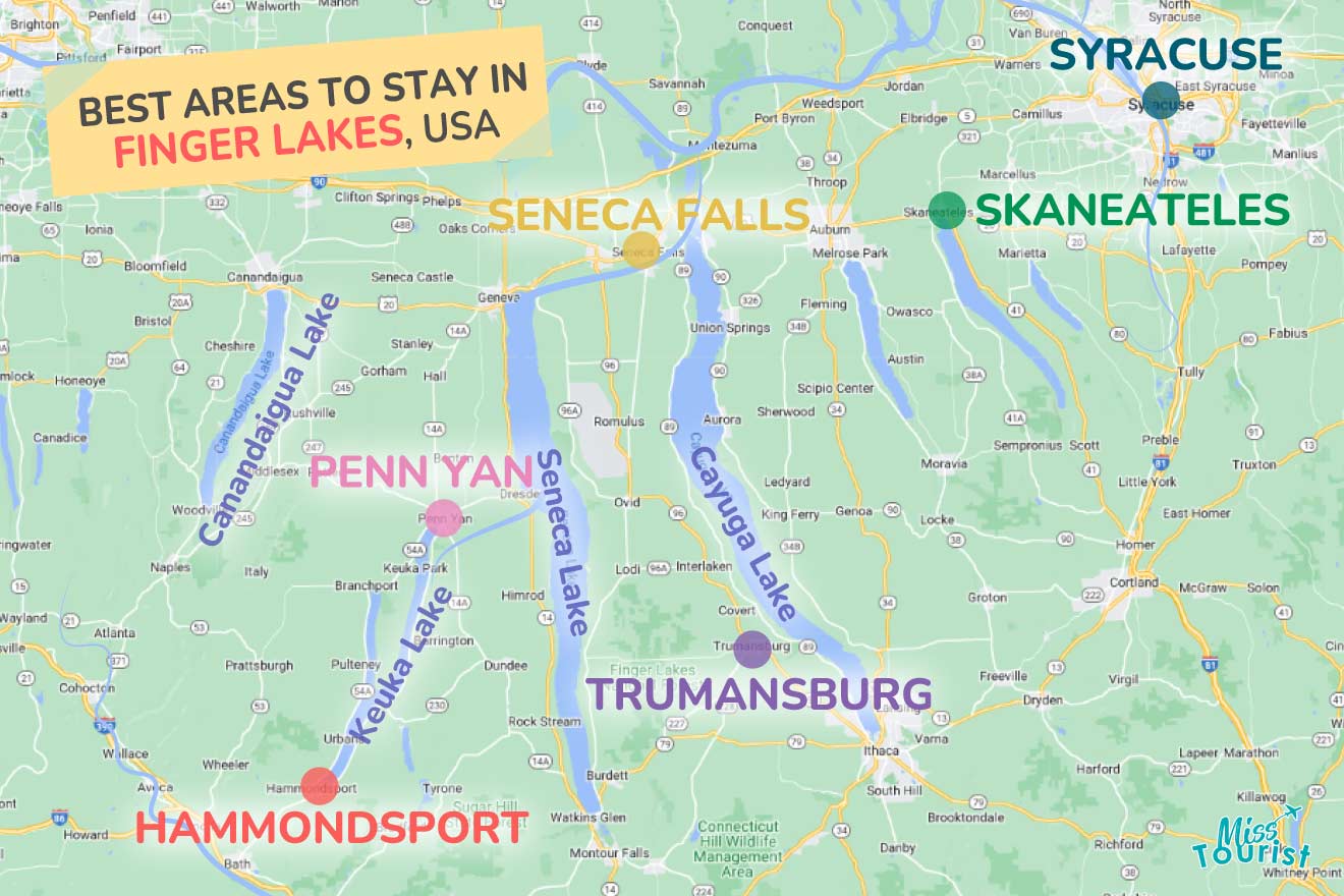 A colorful map highlighting the best areas to stay in The-Finger-Lakes, with numbered locations and labels for easy navigation