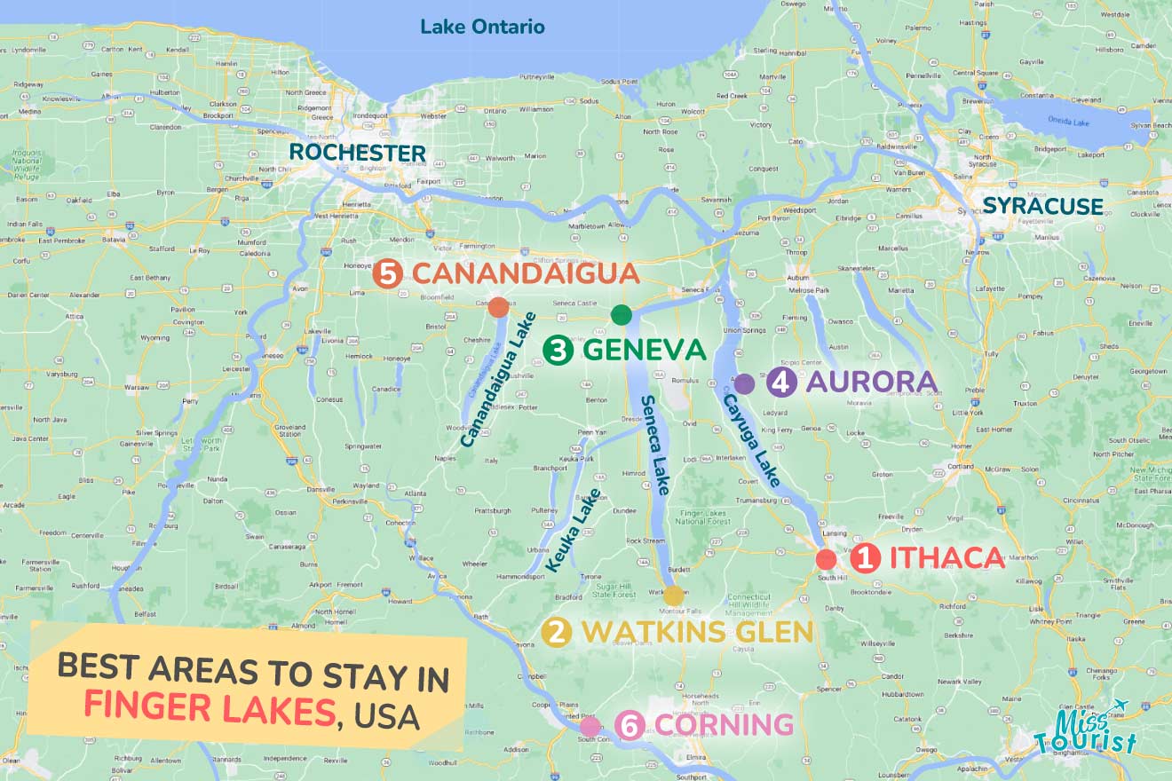 A colorful map highlighting the best areas to stay in The-Finger-Lakes, with numbered locations and labels for easy navigation