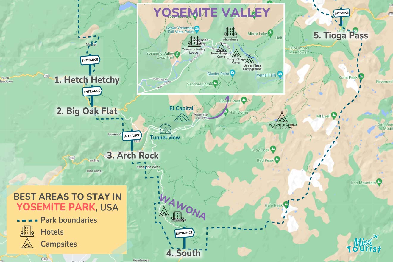 A colorful map highlighting entrances in Yosemite National Park, with numbered locations and labels for easy navigation