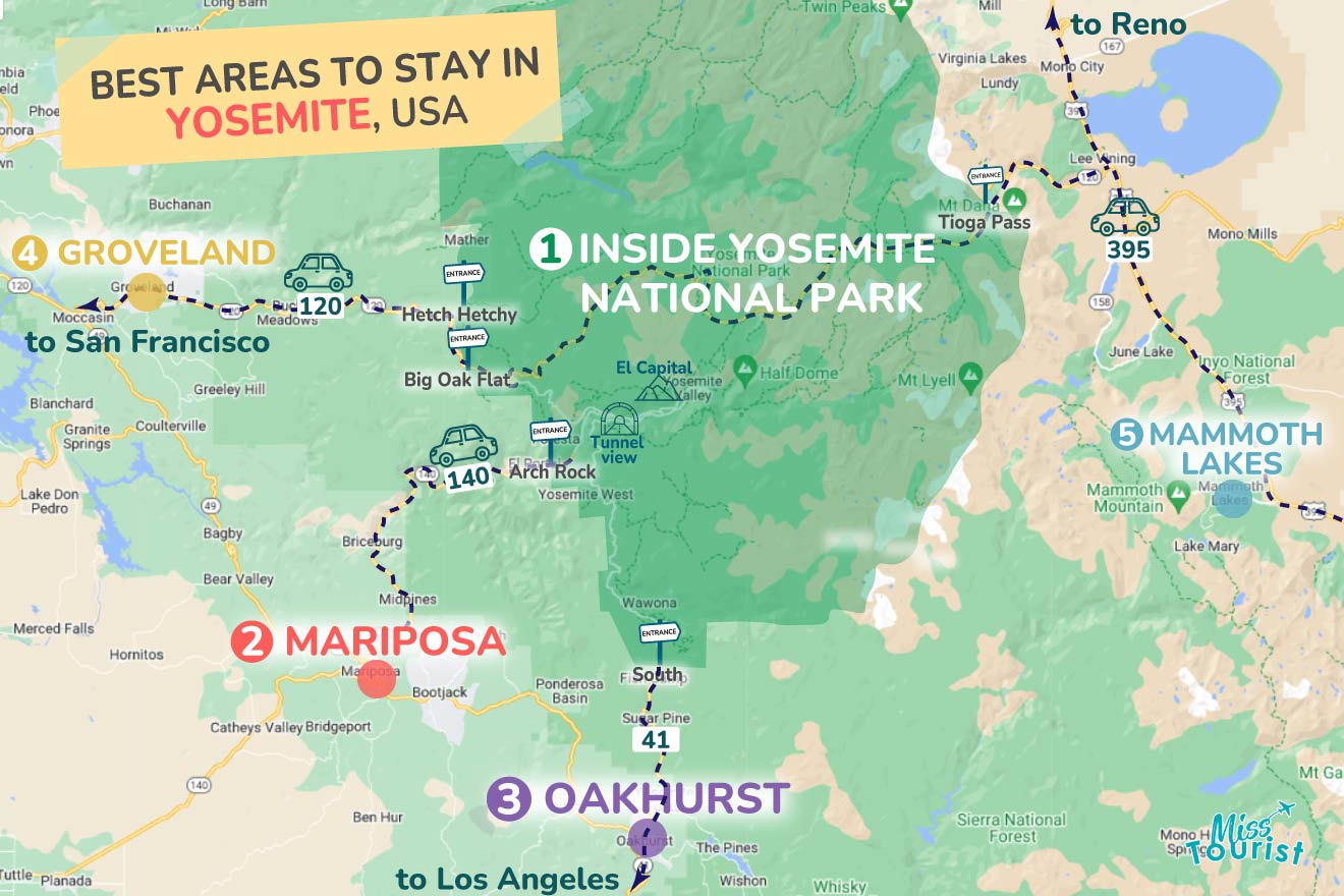 A colorful map highlighting the best areas to stay in Yosemite, with numbered locations and labels for easy navigation