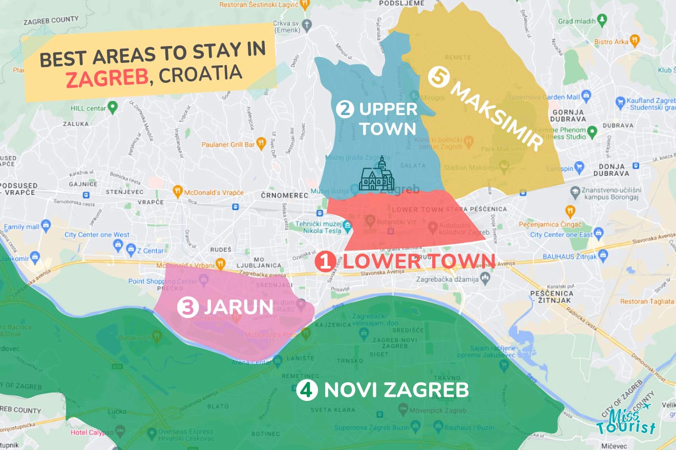 A colorful map highlighting the best areas to stay in Zagreb with numbered locations and labels for easy navigation
