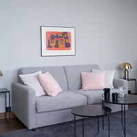 Minimalist living room featuring a gray sofa with soft pink pillows