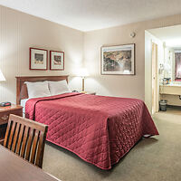 Classic hotel room featuring a queen bed with a red quilt and framed artwork on the walls